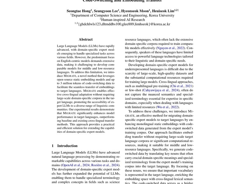 MIGRATE: Cross-Lingual Adaptation of Domain-Specific LLMs through Code-Switching and Embedding Transfer representative figure