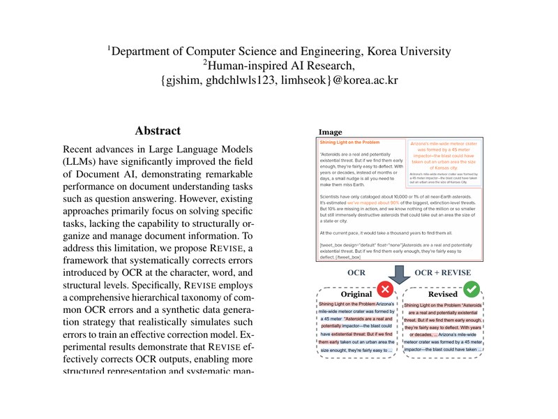 Revise: A framework for revising ocred text in practical information systems with data contamination strategy representative figure